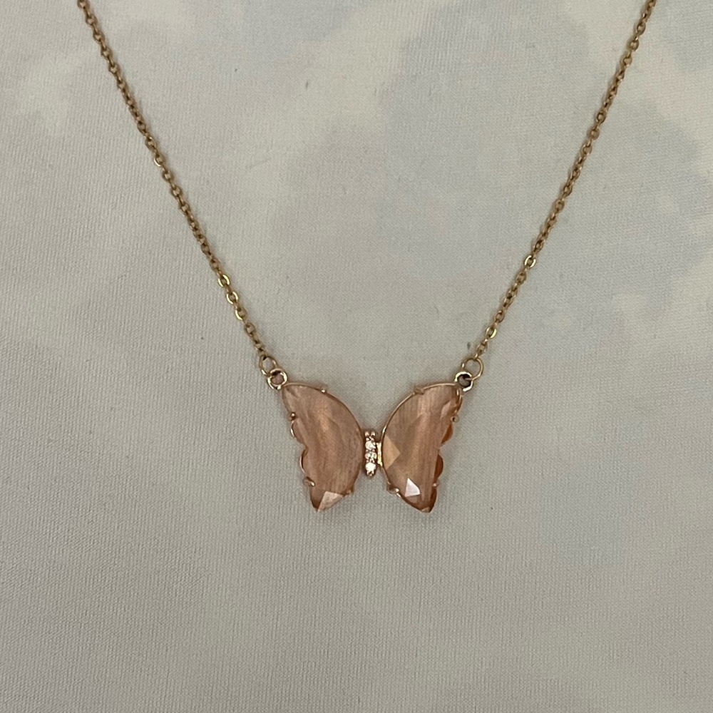 Peach Crystal Butterfly Pendant Necklace ✨ Gold Tone Chain | Fairycore - Picture 6 of 7